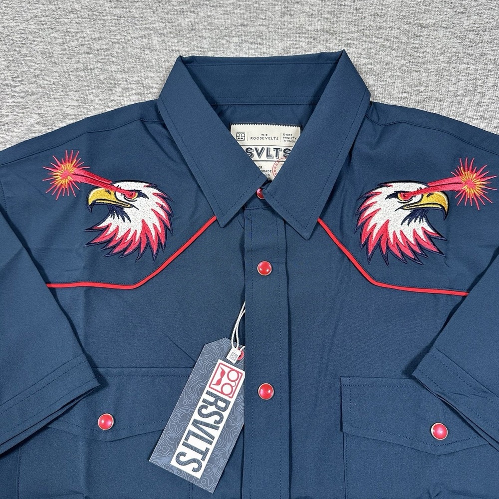 RSVLTS Shirts Mens Medium Blue Red Glare Roper Pearl Snap Stretch Western STAIN